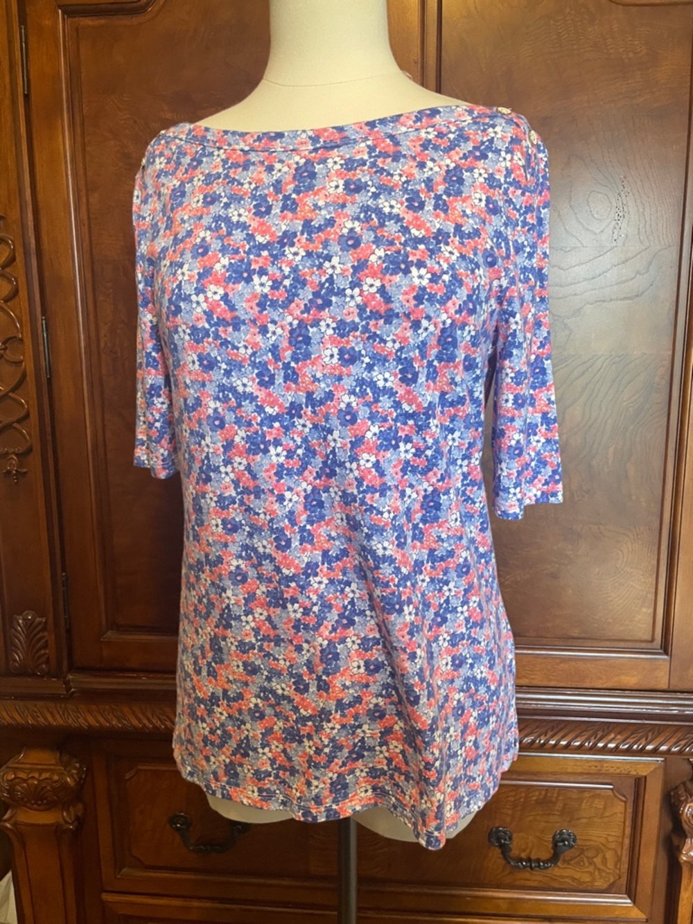 Talbots Floral Boatneck Top in Blue, Pink & White Size Medium